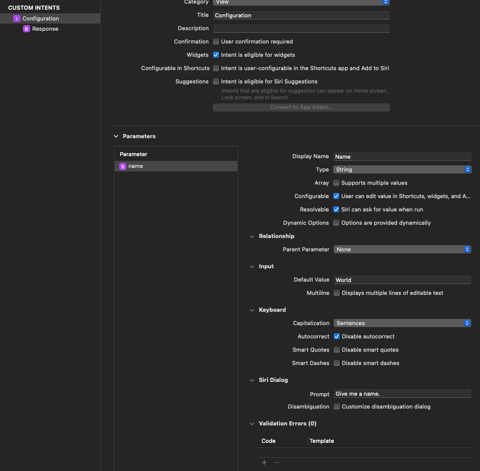 Widget Intent Configuration