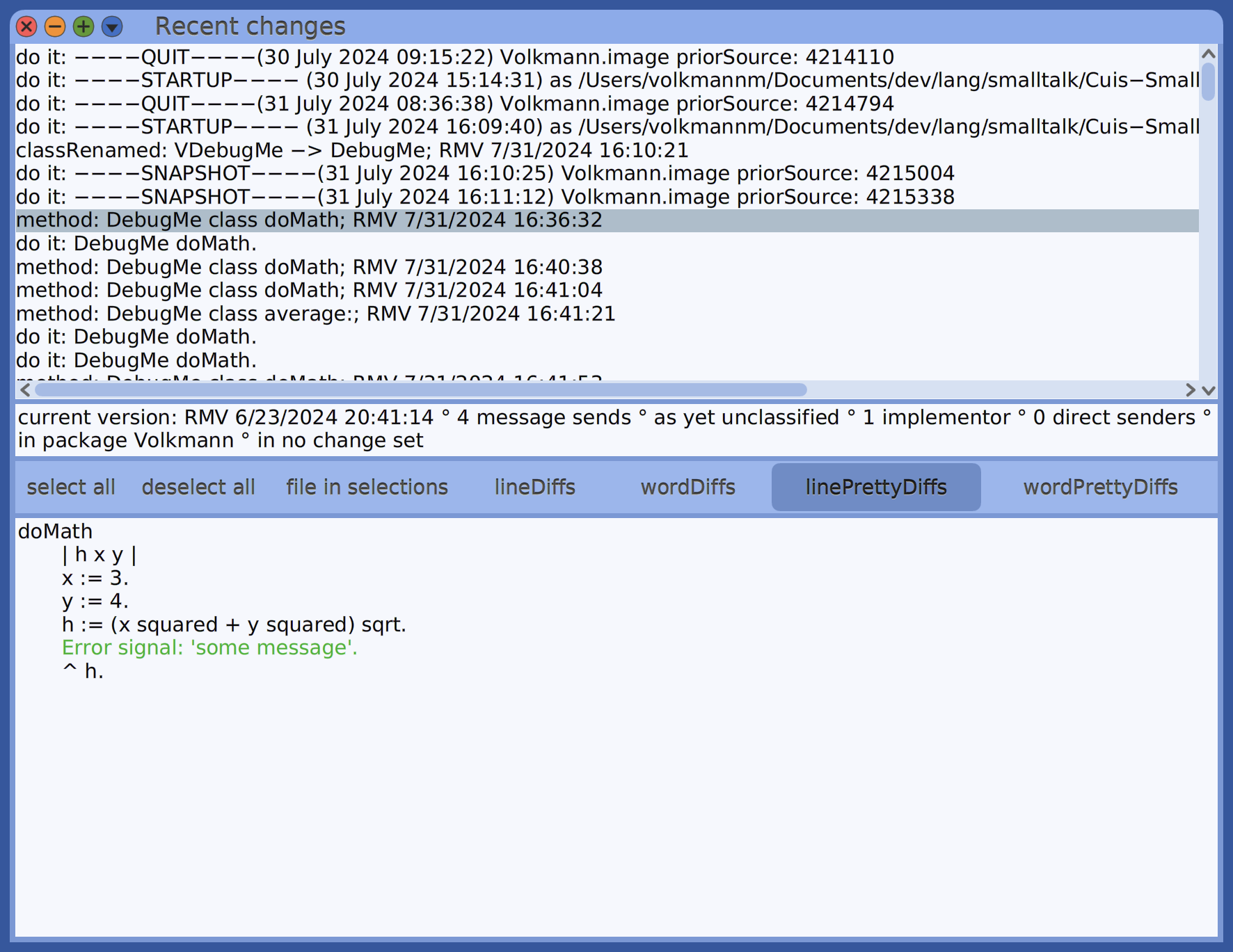 Cuis Recent Changes window