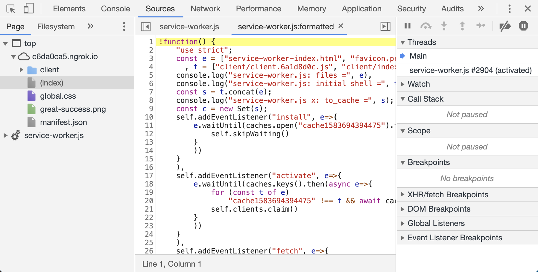 Pretty-printed service worker code in Chrome DevTools Pretty-printed service worker code in Chrome DevTools
