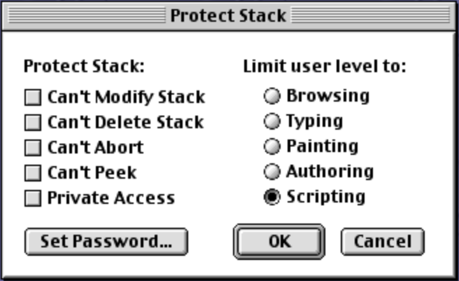 HyperCard Protect Stack dialog