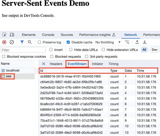 SSE DevTools Network tab EventStream