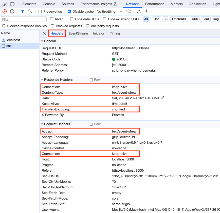 SSE DevTools Network tab Headers