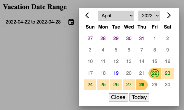 Svelte custom date picker range