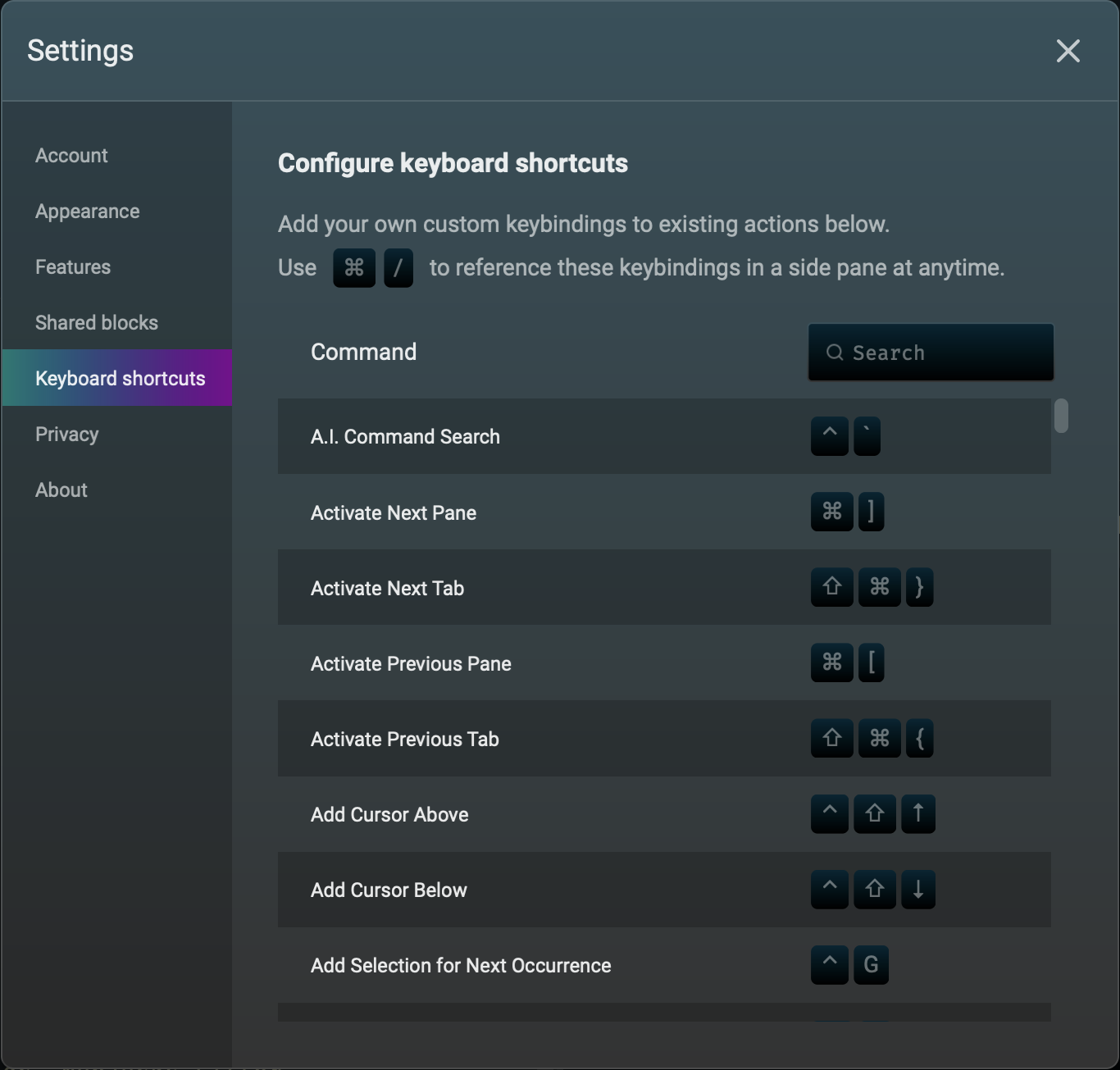 Warp Settings Keyboard Shortcuts