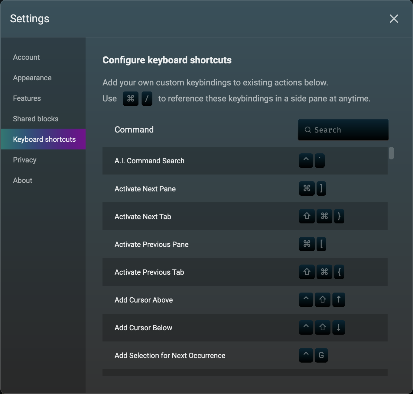 Warp Settings Keyboard Shortcuts Warp Settings Keyboard Shortcuts