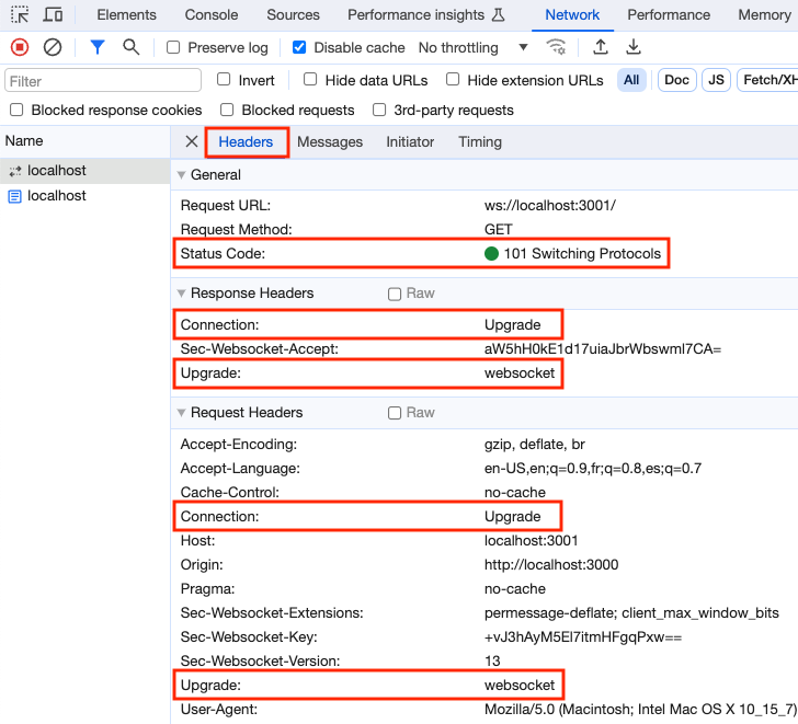 WebSockets DevTools Network tab Headers
