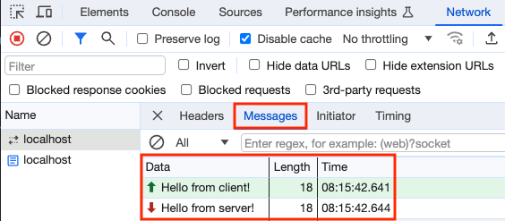 WebSockets DevTools Network tab Messages