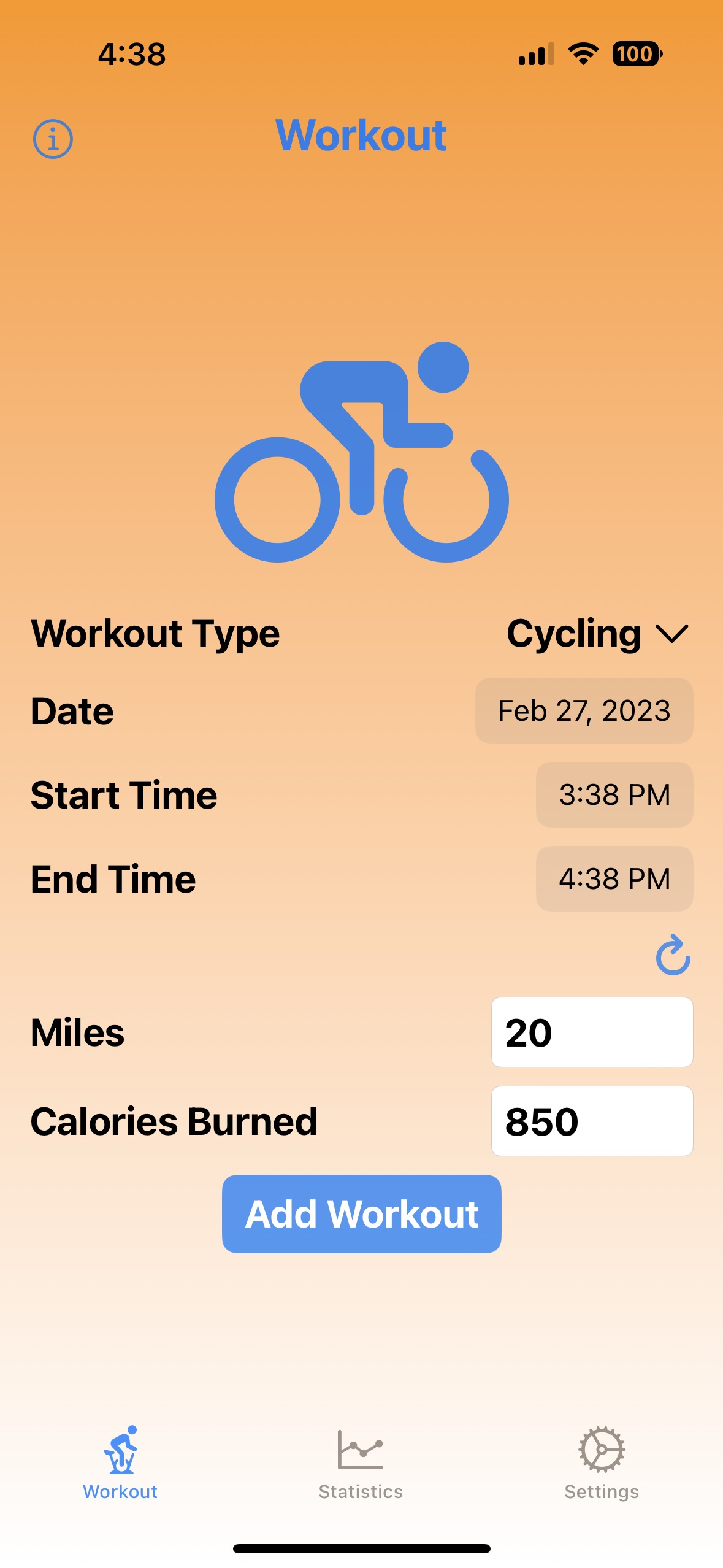 Workout Entry Workout screen