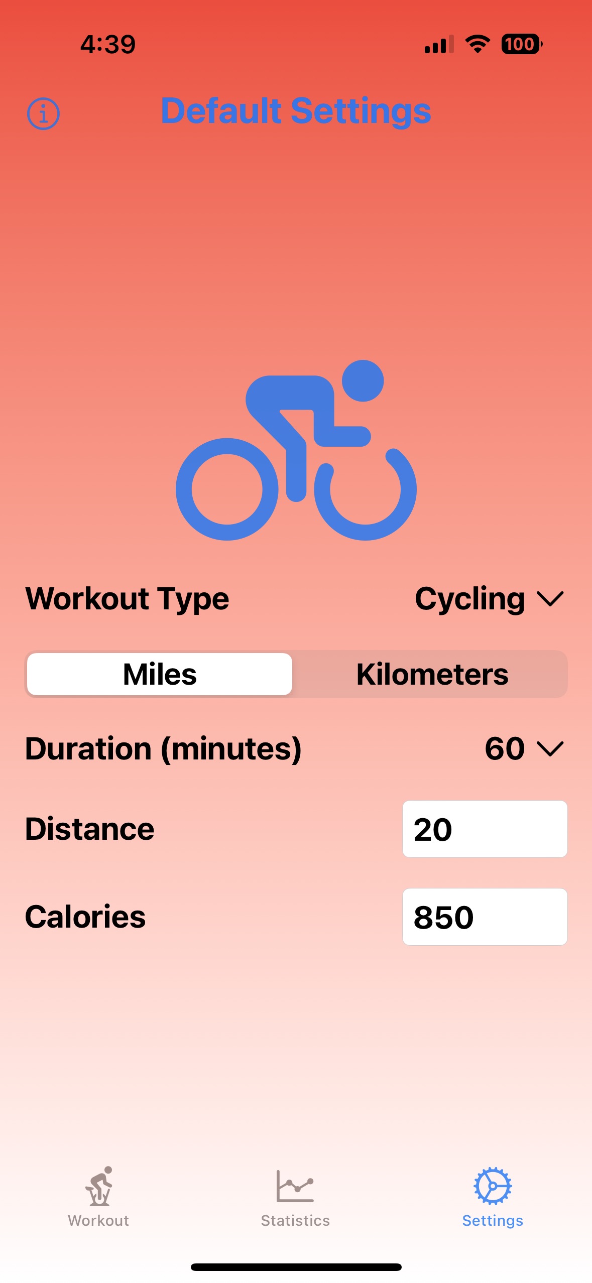 Workout Entry Settings screen Workout Entry Settings screen