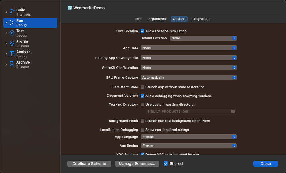 Xcode scheme language and region