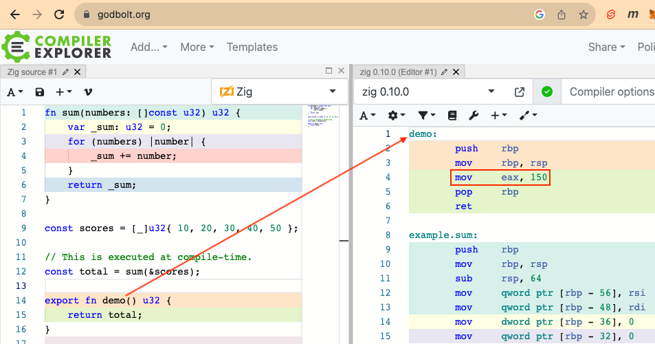 Zig in Compiler Explorer